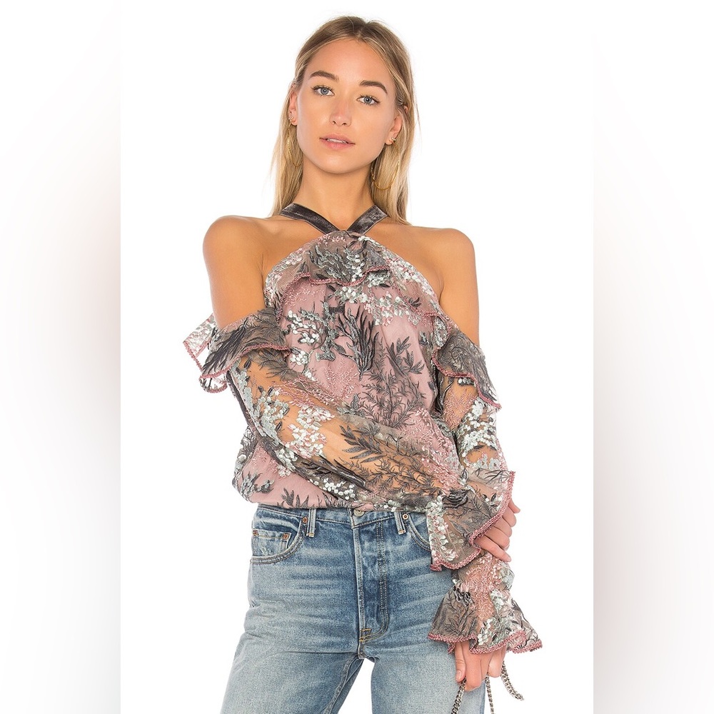 ALEXIS Intermix “Kylie” cold shoulder top in marine embroidery velvet ties S